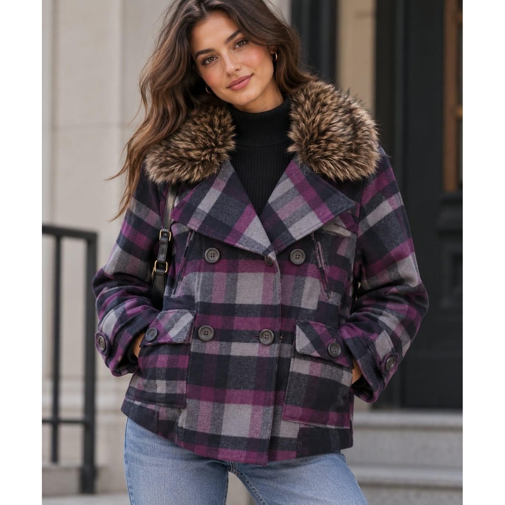 Dollhouse Pea Coat Women 1X Purple Plaid Faux Fur Double Breasted Wool Mix